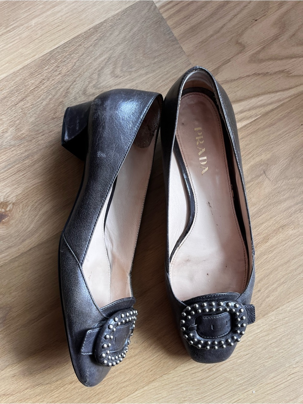 Prada Gray Studded Suede Pumps